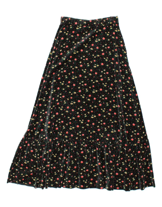 VINTAGE Womens Velvet High Waist A-Line Skirt W22 2XS Black Floral silk skirt lustrous