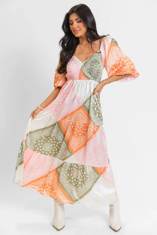 Fall Festivities Multi Patchwork Printed Dress FINAL SALE Boatneck Modish Everyday