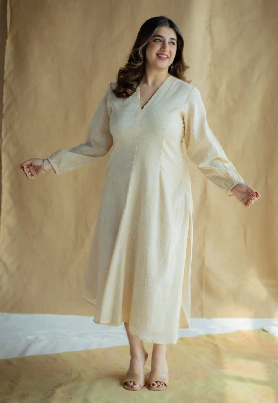 Eyza Cream Hand Block Print Slub Cotton A Line Dress with Hand Embroidery Tunics Lace romantic