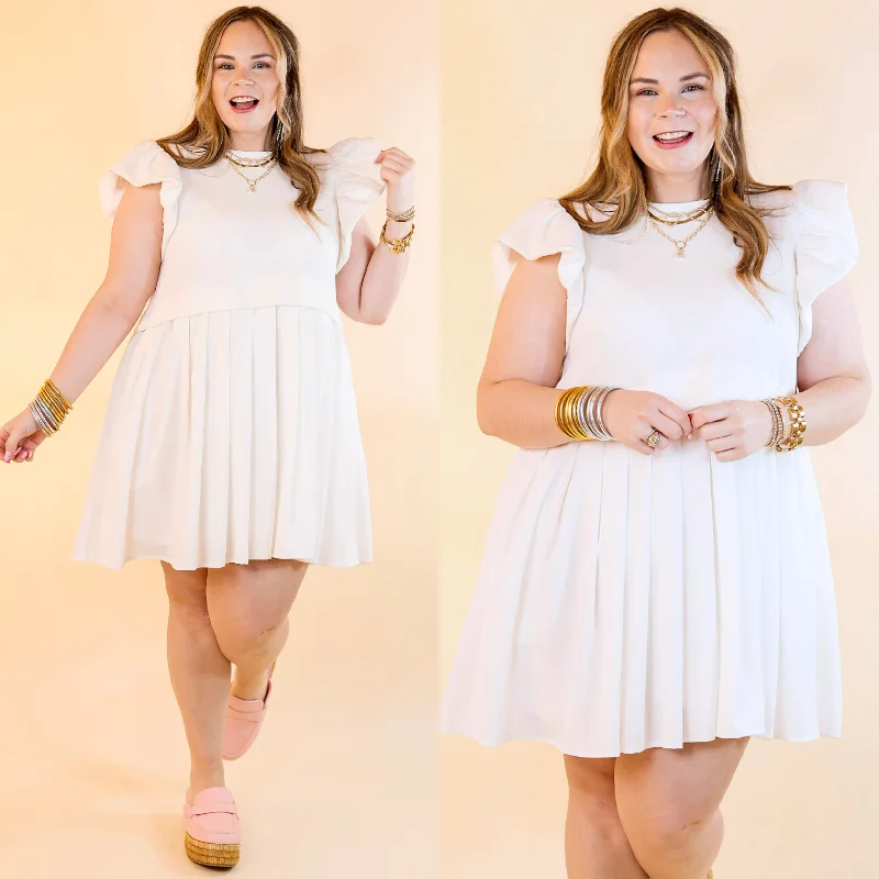 Simple Sophistication Solid Color Dress with Ruffle Cap Sleeves in Off White Tunics Luxurious high-end