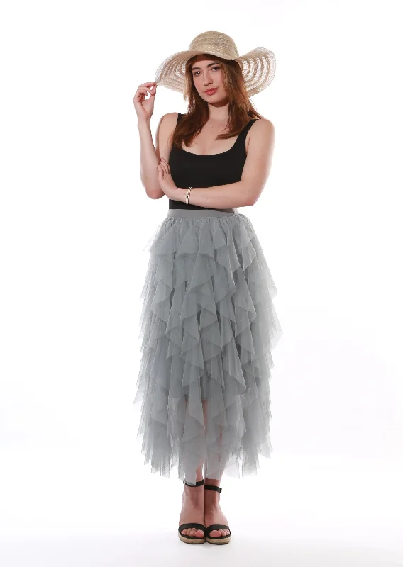 Layered Tulle Ruffle mesh Midi Skirt- Grey leather skirt refined