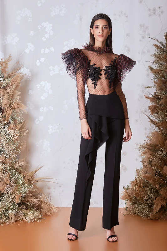 Polka dots ruffled shoulders top with straight pants Classic Flared Pants