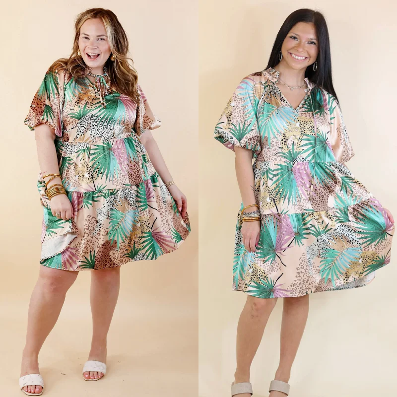 Wildly Loveable Satin Dress With Leopard Print in Beige Tunics Modern contemporary