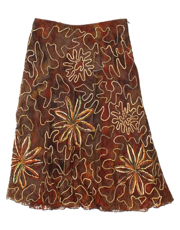 POMODORO Womens A-Line Skirt UK 16 Large W36 Brown Floral Nylon wrap skirt elegant
