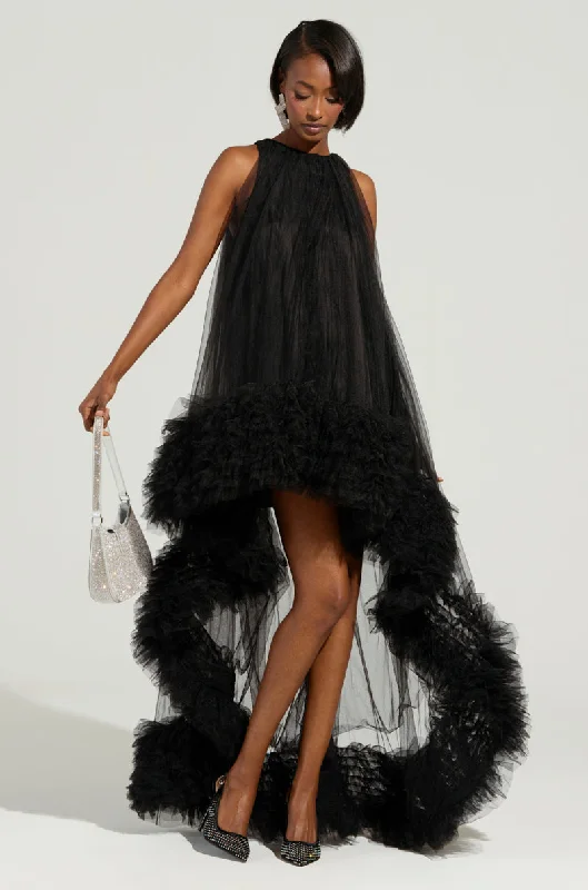 ARI TULLE RUFFLE HIGH LOW DRESS IN BLACK Tunics Office stylish