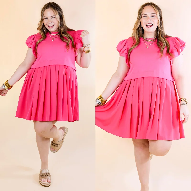 Simple Sophistication Solid Color Dress with Ruffle Cap Sleeves in Hot Pink Tunics Luxurious premium