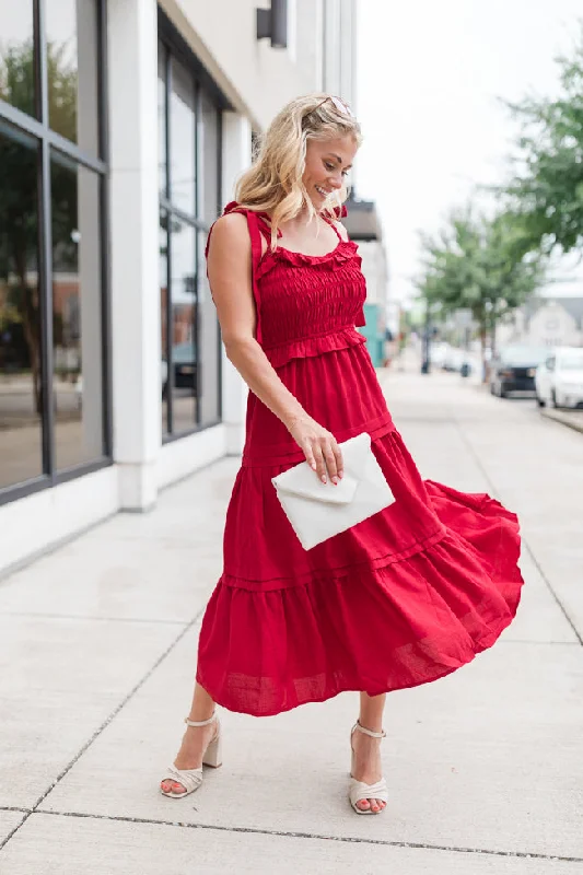 Take Your Turn Red Tie Shoulder Smocked Dress FINAL SALE Tunics Stylish elegant
