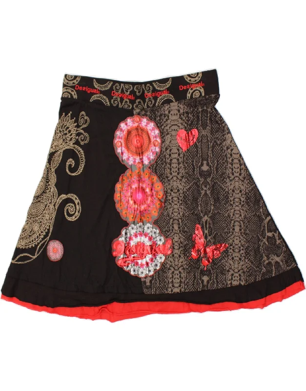 DESIGUAL Womens A-Line Skirt XL W36  Black Floral Cotton denim skirt trendy