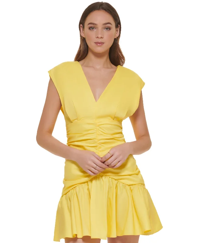 Women's V-Neck Empire-Waist Ruched Poplin Dress Tunics Party sparkling