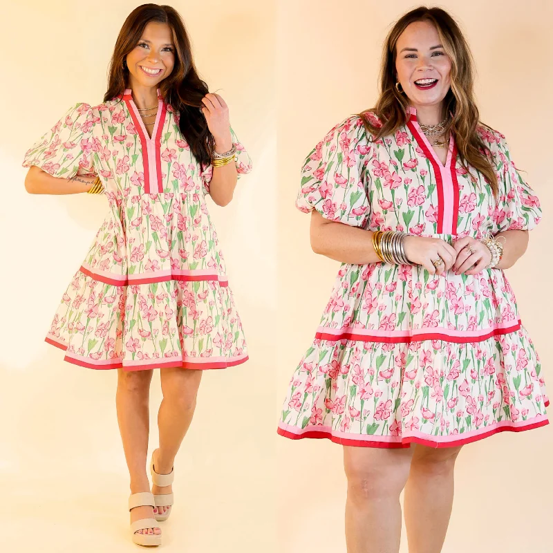 Naturally Chic Floral Print Dress with Short Balloon Sleeves in Off White Tunics Modern contemporary