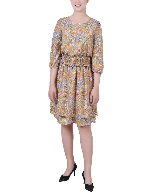 Petite Size 34 Sleeve Dobby Smocked Waist Dress Tunics Long Elegant
