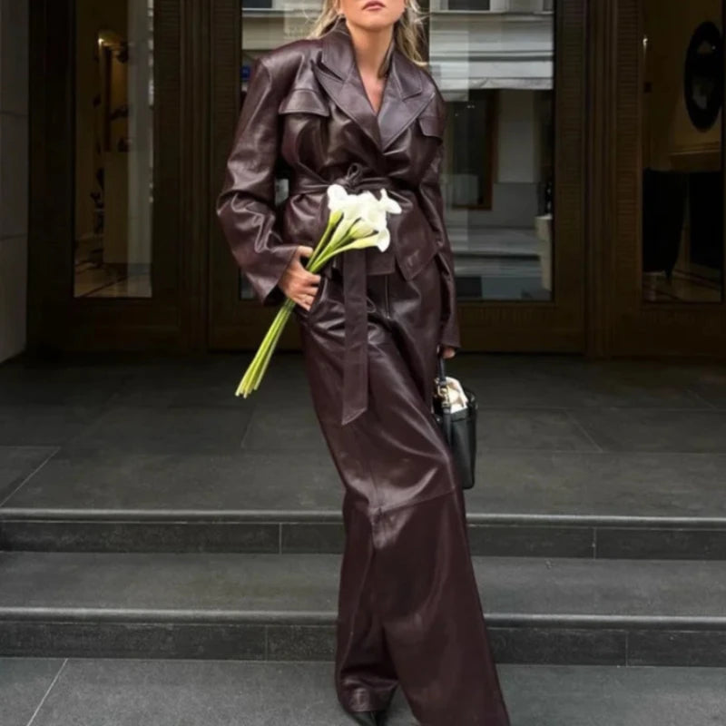 Vixen Leather Coat & Pants Set Comfy Zip-Up Pants
