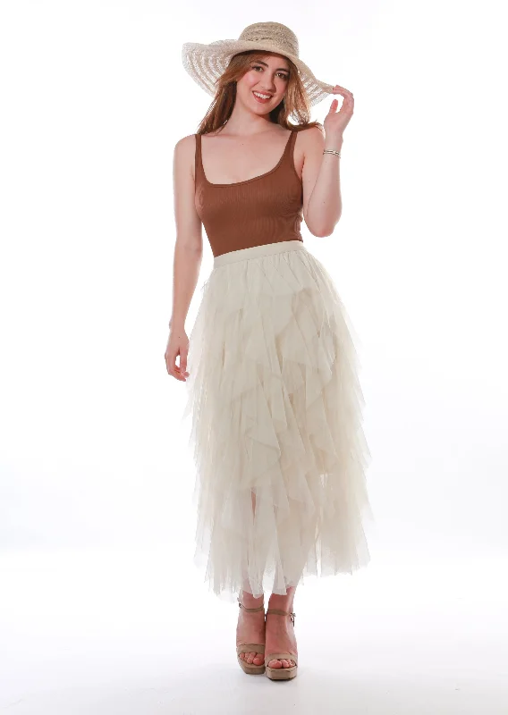 Layered Tulle Ruffle mesh Midi Skirt-Beige chiffon skirt flowing