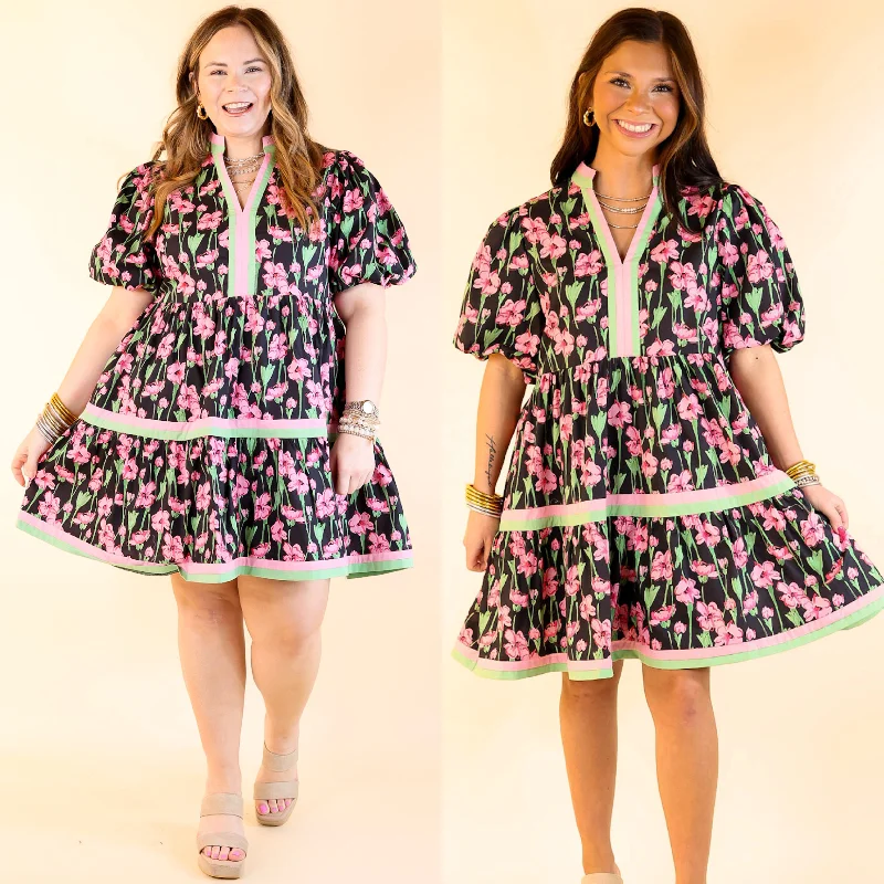 Naturally Chic Floral Print Dress with Short Balloon Sleeves in Black Tunics Exclusive limited