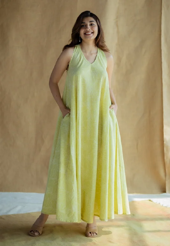 Naimat Lime Green Hand Block Print Slub Cotton A Line Dress Off-the-shoulder Chic Trendy