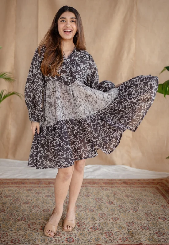 Yuvani Charcoal Batik MulMul Cotton Loose Dress Tunics Designer luxury