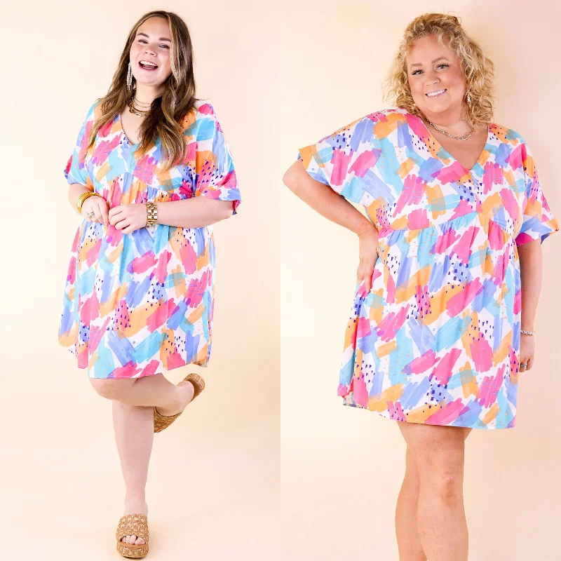 Fresh Blossoms Doodle Print Babydoll Dress with V Neck in Blue Mix empire Waist empire
