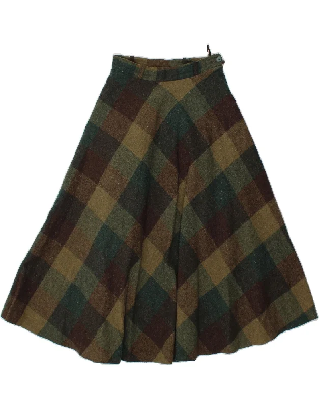 VINTAGE Womens A-Line Skirt UK 10 Small W26  Khaki Plaid spandex blend skirt