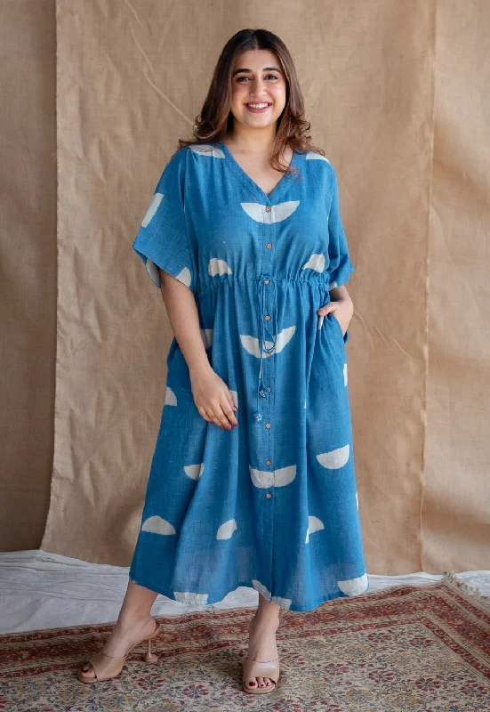 Emara Indigo Dabu Slub Cotton Loose Dress with Embroidery Tunics Handmade artisanal