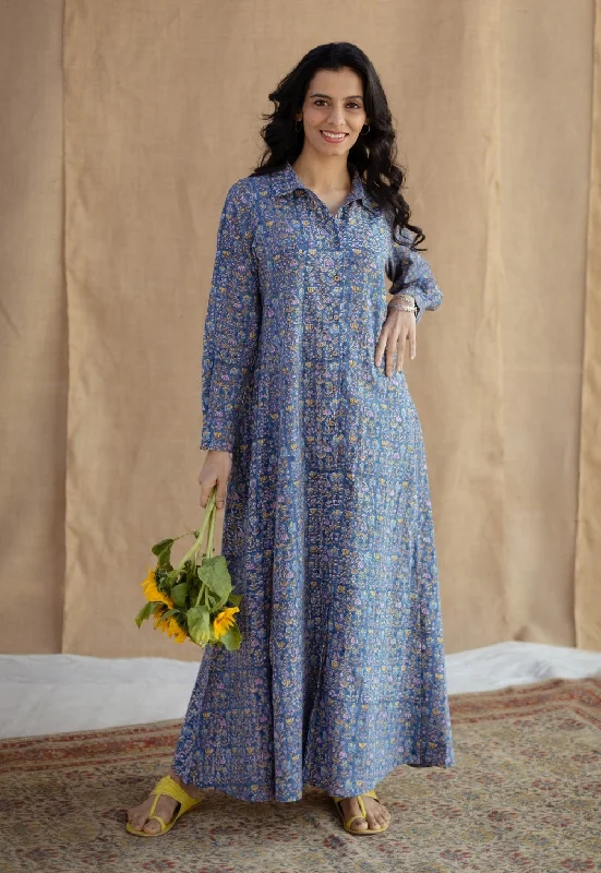Trusha Blue Sanganeri Slub Cotton A Line Dress Tunics Cozy comfortable