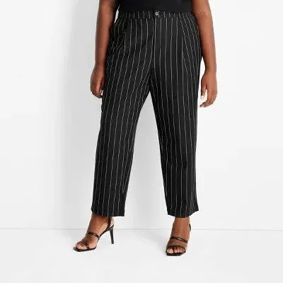 Women's Plus Size Mid-Rise Front Pleated Pants - Future Collective with Kahlana Barfield Brown Black Pinstriped 28W/30W Comfy Zip-Up Pants