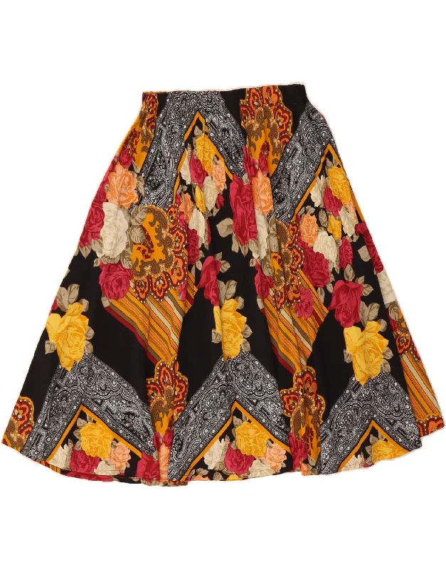 VINTAGE Womens A-Line Skirt W32 Large  Black Floral silk skirt lustrous