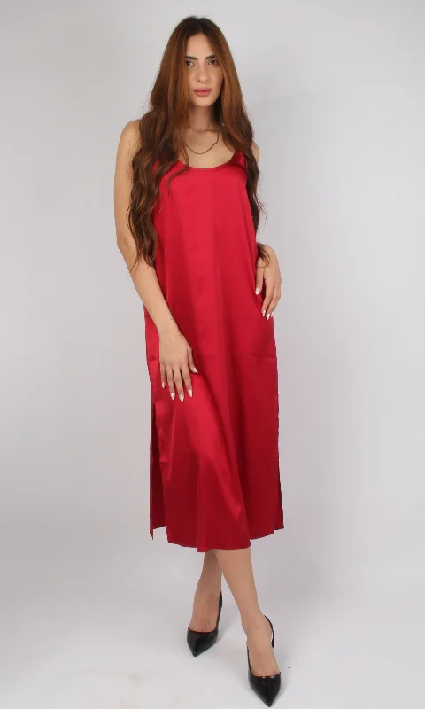 Women Satin Slip Dress (Red) Floral Print girly