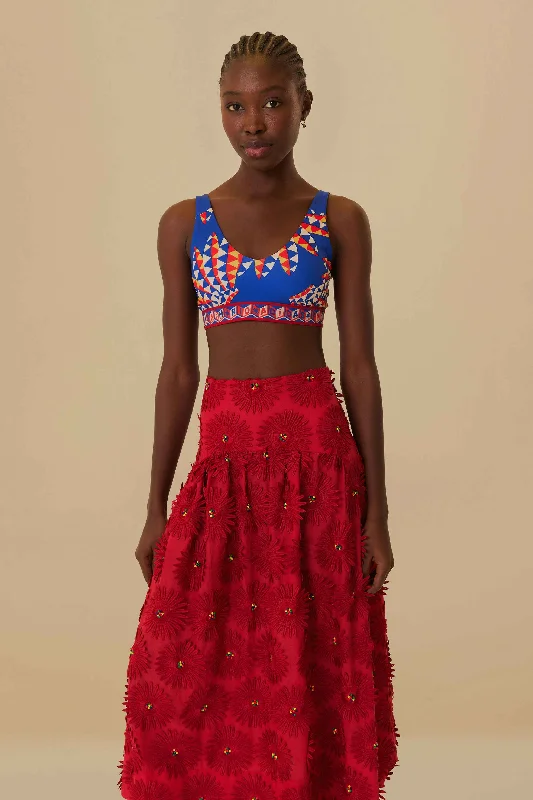 Red Daisy Flower Midi Skirt wool skirt warm