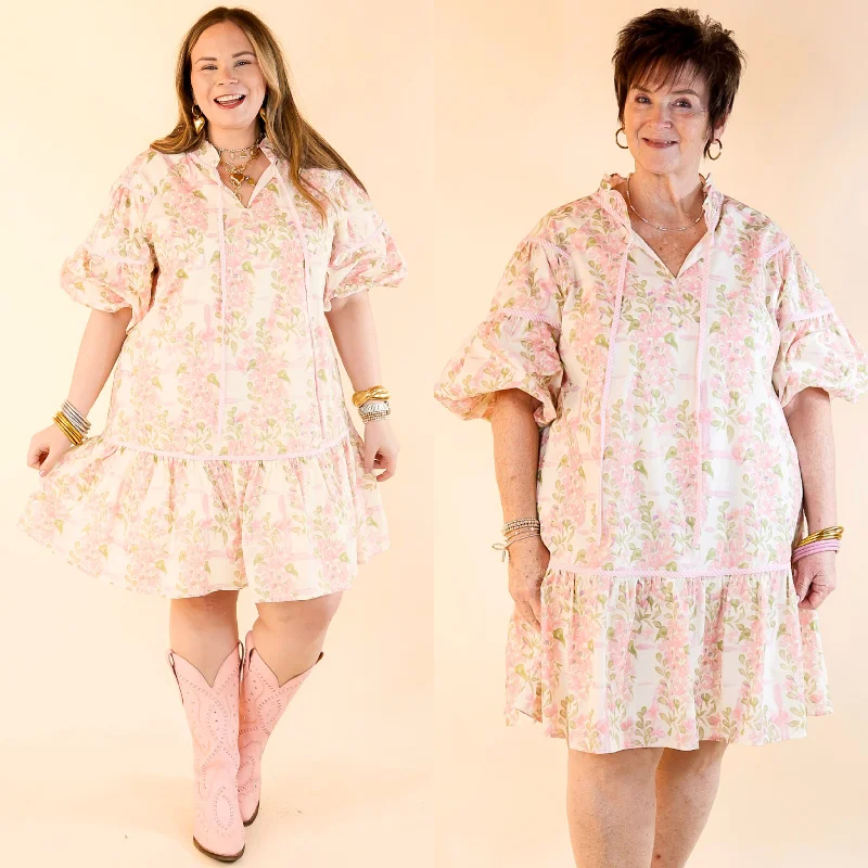 Darling Detail Floral Print Dress with Short Puff Sleeves in Light Pink Tunics Velvet soft