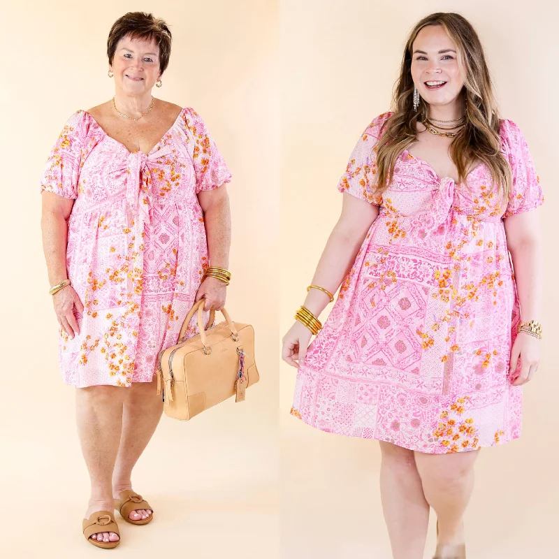 Down For Delight Floral Geometric Print Dress with Front Tie in Pink Tunics Chic elegant
