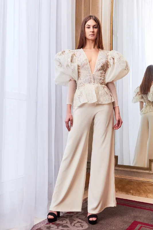 Oversized shoulders embroidered top with wide pants Casual Lounge Pants