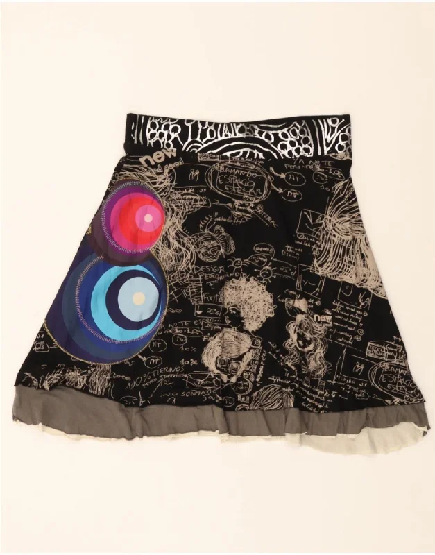 DESIGUAL Womens Graphic A-Line Skirt Large W32 Black Cotton chiffon skirt delicate