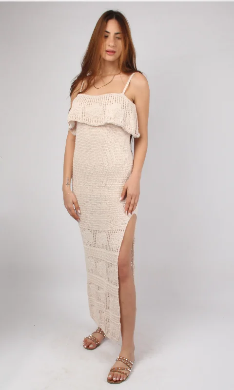 Women Sleeveless Crochet knit Dress (Beige) Tunics Vintage classic