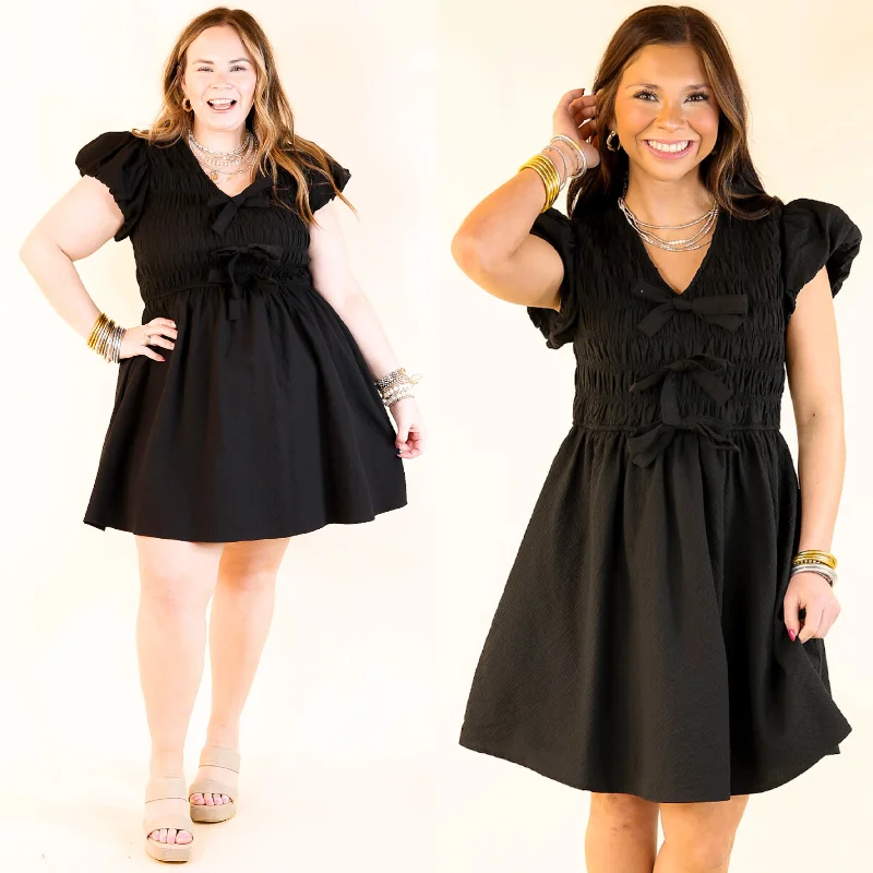 Darling Charm Cap Sleeve Dress with Bows in Black Tunics Vintage classic