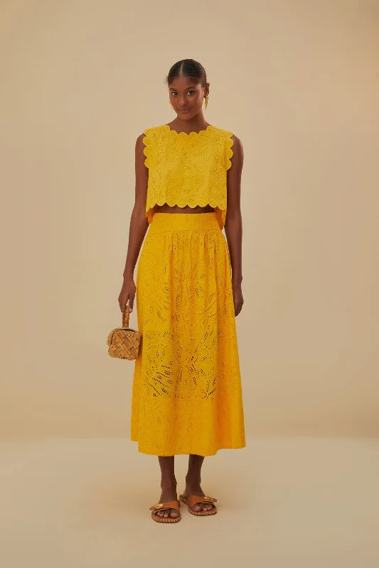 Yellow Monstera Eyelet Maxi Skirt cashmere skirt rich