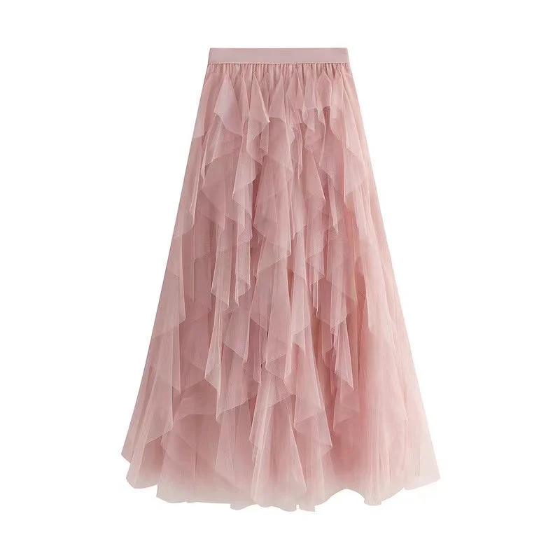 Layered Tulle Ruffle mesh Midi Skirt- Pink denim skirt stylish