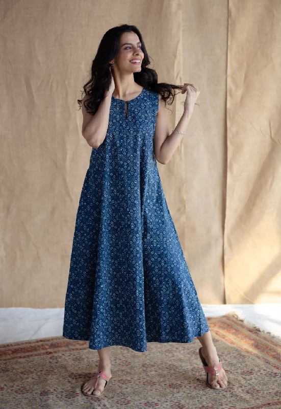 Nafrin Indigo Ajrakh Cotton A Line Dress Tunics Recommended stylist