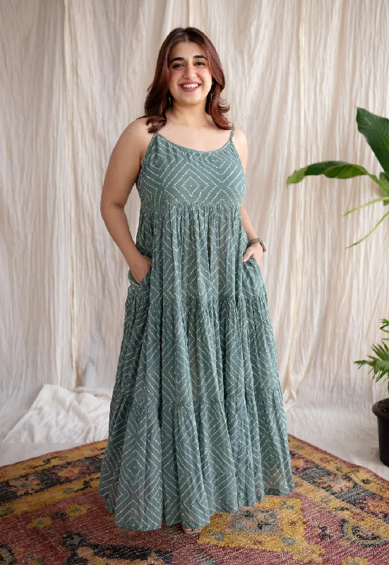 Amrin Green Batik MulMul Cotton A Line Dress Tunics Bridal satin