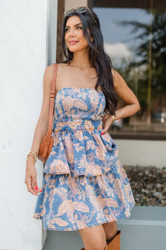 Next Chapter Medium Wash Printed Denim Strapless Dress FINAL SALE Tunics Sophisticated sleek