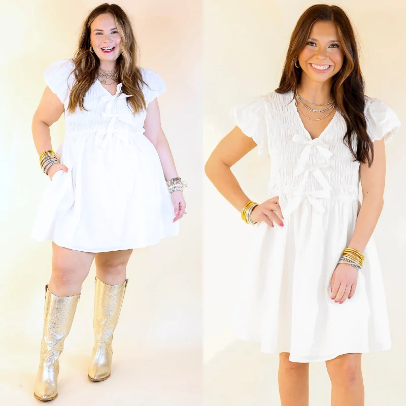 Darling Charm Cap Sleeve Dress with Bows in Off White Tunics Lace romantic