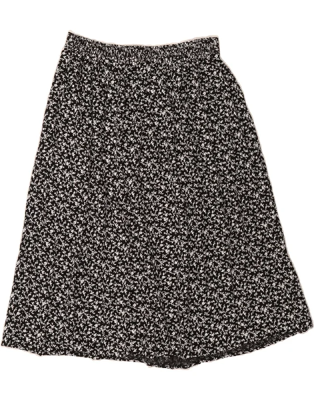 VINTAGE Womens A-Line Skirt UK 18 XL W36  Black Floral Viscose pleated skirt texture