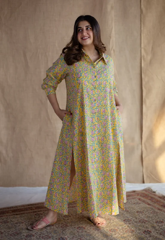Trusha Yellow Sanganeri Slub Cotton A Line Dress Tunics Timeless classic