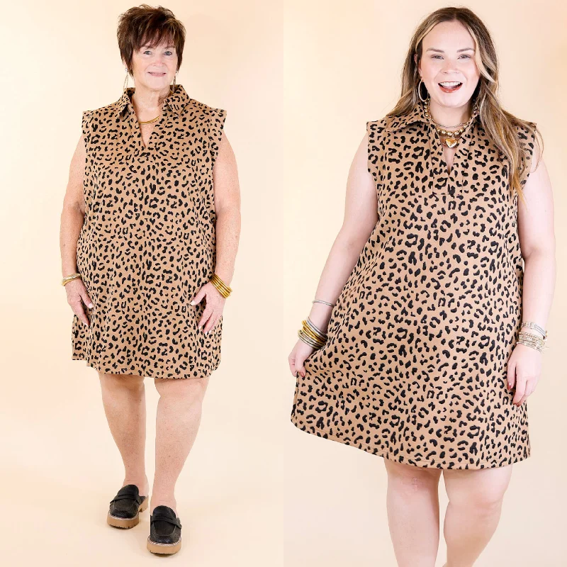 Polished Perfection Cheetah Print Cap Sleeve Dress with Collar in Tan Tunics Top rated