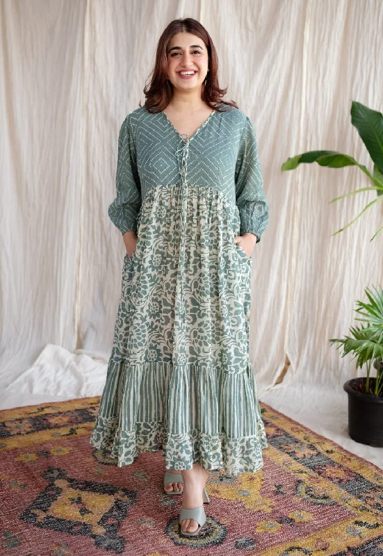 Divisha Green Batik MulMul Cotton A Line Dress Elegant Long Evening