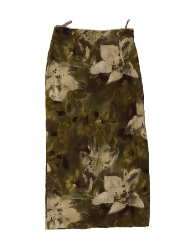 VINTAGE Womens Midi Skirt UK 14 Medium W30  Khaki Floral Viscose velvet skirt rich