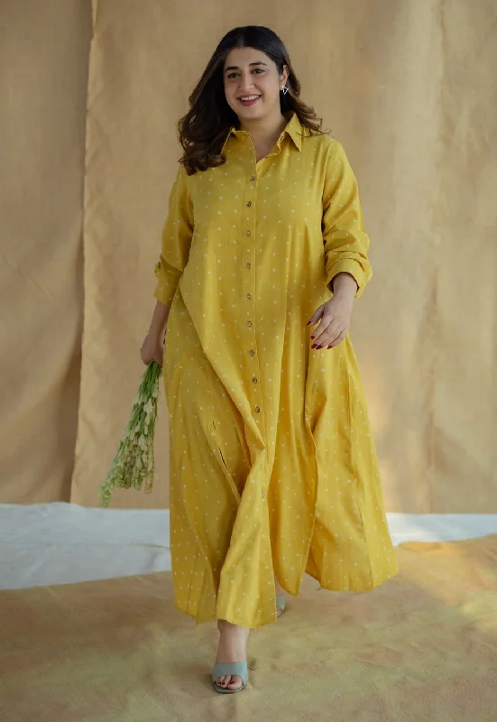 Trusha Yellow Dabu Slub Cotton A Line Dress Off-the-shoulder Chic Trendy