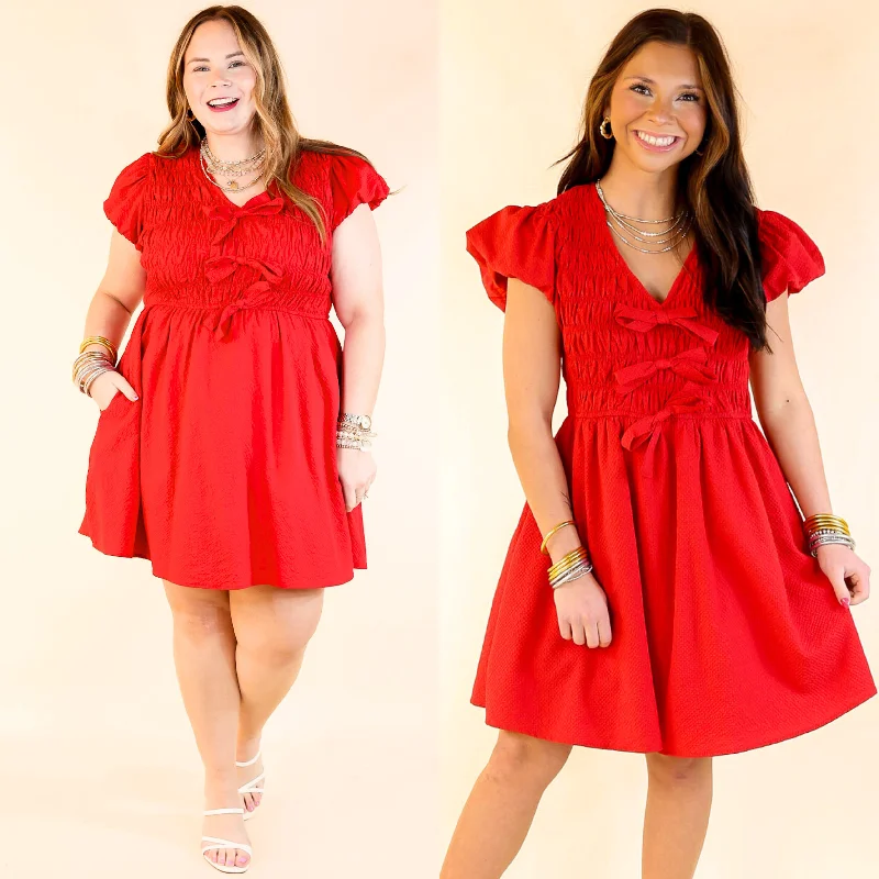 Darling Charm Cap Sleeve Dress with Bows in Red Turtleneck Neckline Stylish