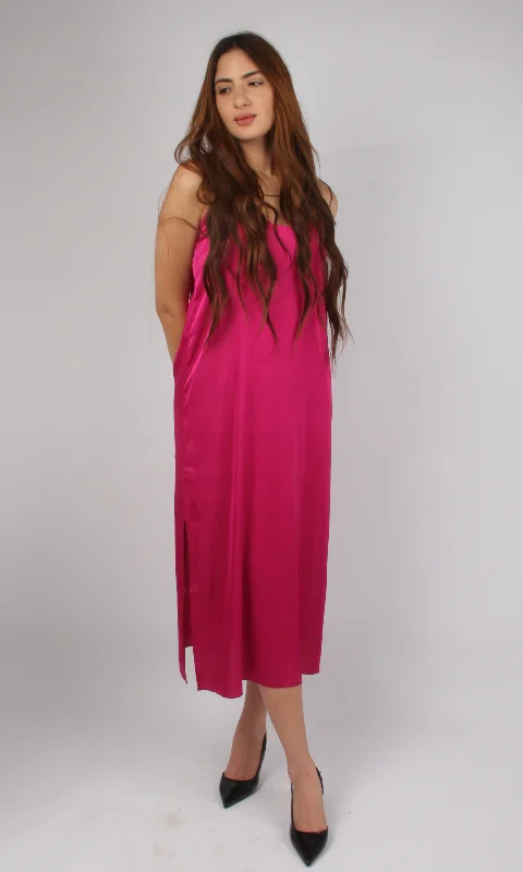 Women Satin Slip Dress (Fuchsia) Elegant Long Evening