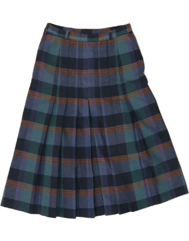 VINTAGE Womens Pleated A-Line Skirt W26 Small Navy Blue Plaid slim fit skirt