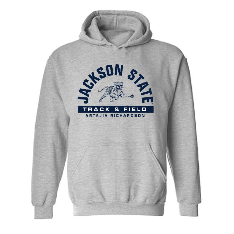 Jackson State - NCAA Women's Track & Field : Artajia Richardson - Classic Fashion Shersey Hooded Sweatshirt Hoodie with Color Block Contrast Stylish